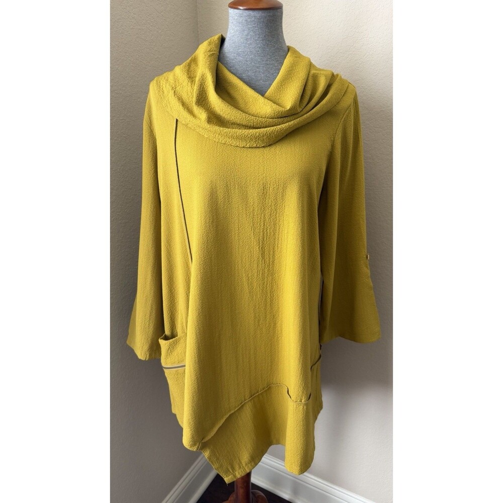 Ali Miles Women's Size Large Mustard Yellow Cowl Neck Asymmetrical Hem Tunic Top